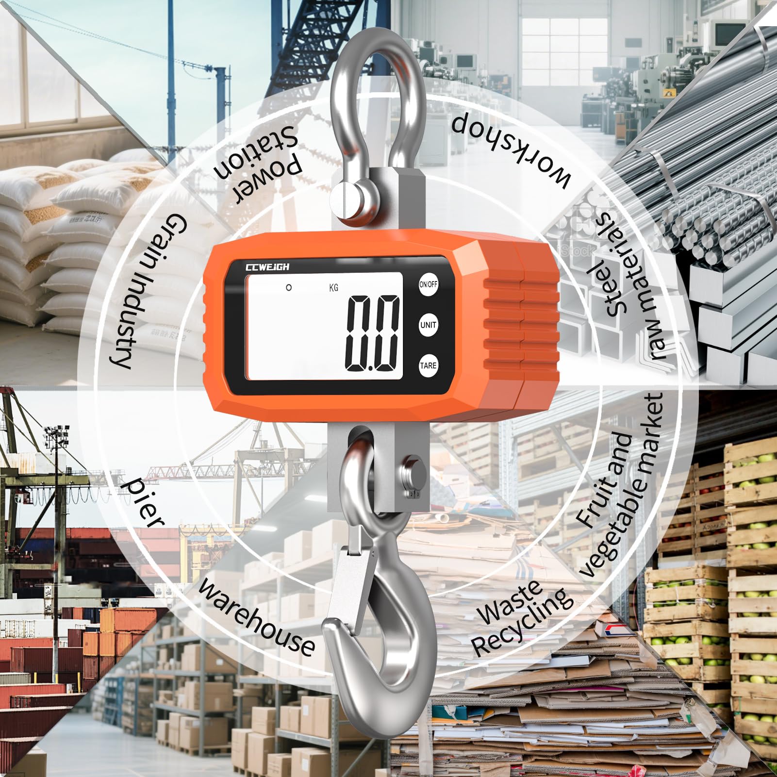 Bilancia digitale da 1000 kg con manico in acciaio inox, mini design portatile, multiuso per palestra, caccia, viaggi (carrozzeria), agricoltura, pesca, display LCD ad alta precisione, arancione