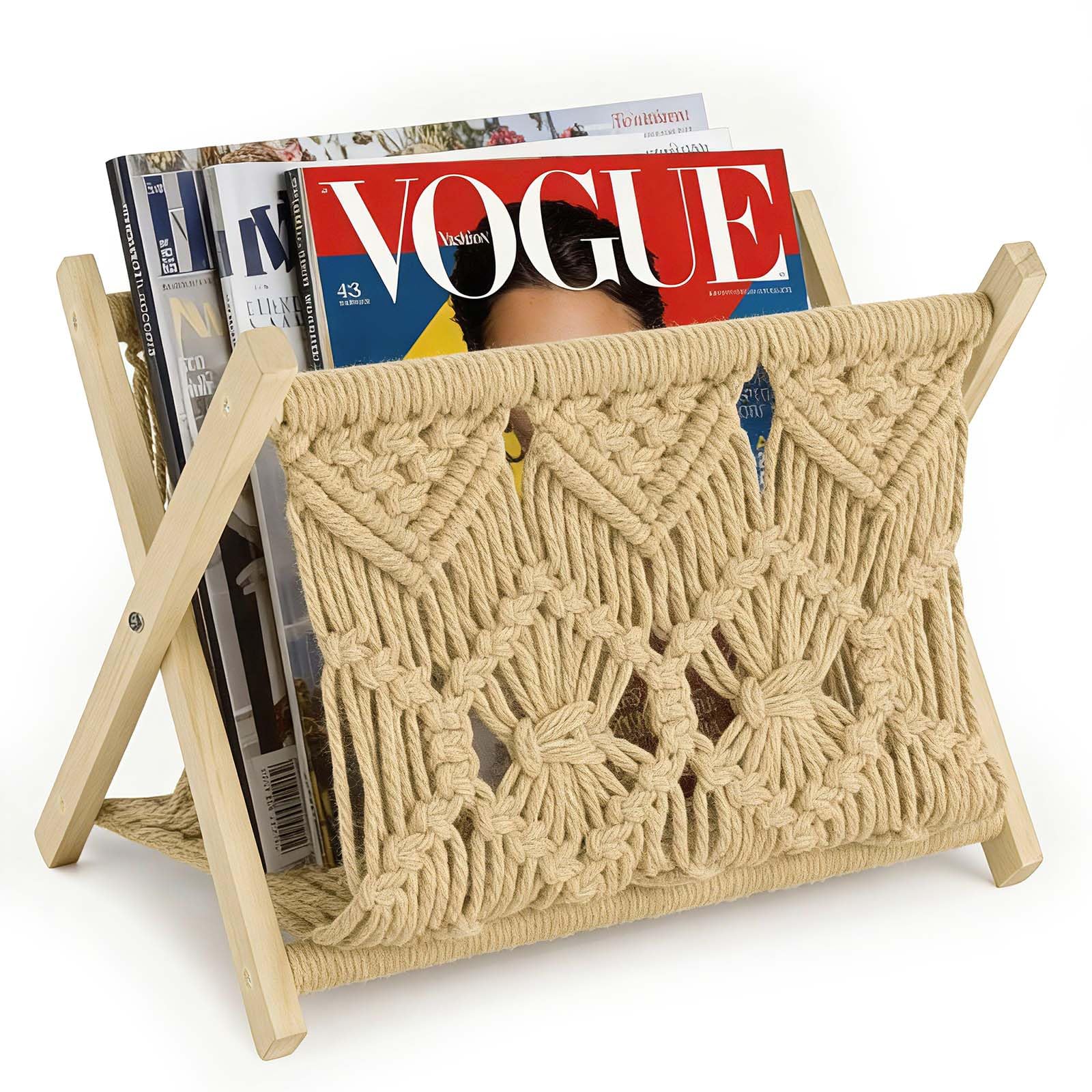 Photo 1 of [MAJOR DAMAGE!!] Qian Qian You Boho Macrame Magazine Holder,Hand-Woven Magazine Rack for Home Office Desktop, Storage Basket for Letters, Magazines, Books and Newspapers (Brown)