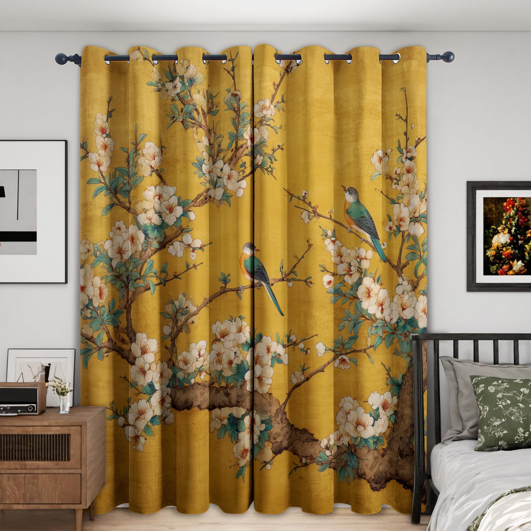 Floral Bird Chinese Curtains 46 x 54 Inch 2 Panels, 95% Blackout, Chinoiserie Oriental Curtains for Bedroom, Living Room, Home Decor, Thermal Insulated Eyelet Window Drapes YD138