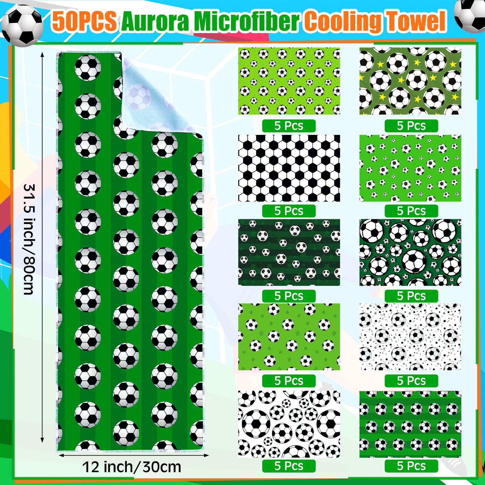 Hosuly 50 Pack Soccer Cooling Towel Bulk Soccer Theme Party Favors Ice Towel Chilly Breathable Polyester Soft Sport for Neck Yoga Gym Workout Camping Fitness Running 32 x 12 Inch