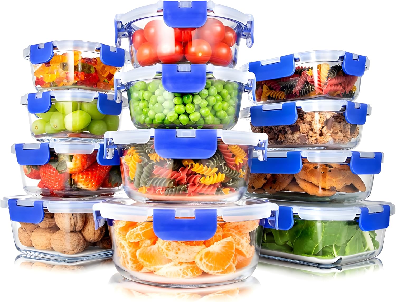 SereneLife 24 Piece Glass Storage Containers with Lids, 12 Pack Glass Meal Prep Container Set for Lunch, Kitchen Storage, Food Storage, Leak Proof, Freezer Safe and Dishwasher Safe, Blue