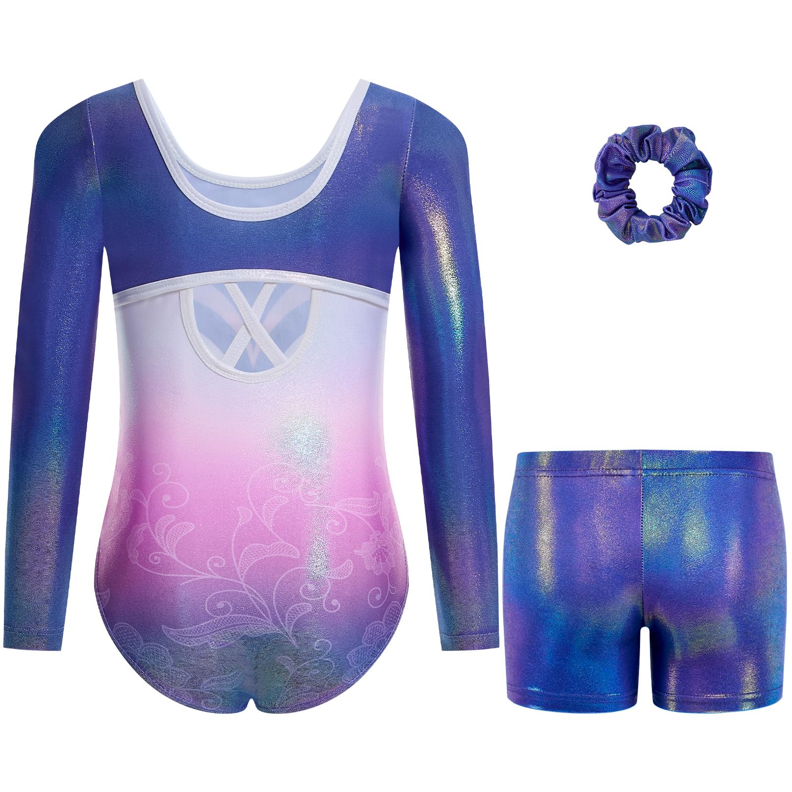 Ensemble de Justaucorps de Gymnastique 3 Pièces pour Filles avec Sequins Dégradés, Unitards de Ballet 3-12 Ans
