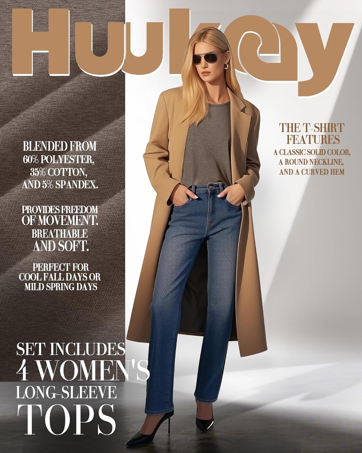 Huukeay 4 Pack Womens Long Sleeve Shirts Loose Fit Tunic Tops Crew Neck Curved Hem Basic Casual Layering Shirts - Image 4