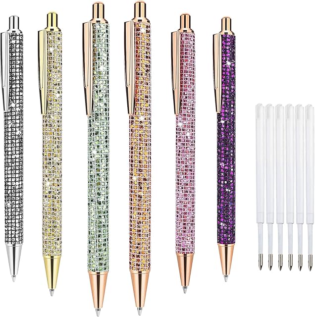 6 Pieces Retractable Ballpoint Pens Set,Black Bling Metal Pens Metal Glitter Gel Ink Pens with 6 Pieces Replacement Refill Black Ink Medium Point Gift Pens 1.0mm Black Ink Ballpoint Pens for Adults