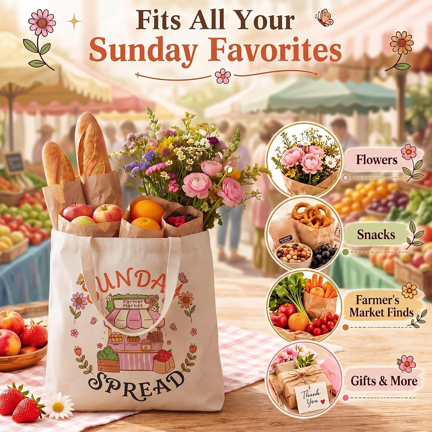 Paterr 6 Pack Sunday Spread Canvas Tote Bag Reusable Cotton Grocery Bags 14 x 16 Inches Aesthetic Tote Bags for Women Brunch Party Favors Sunday Swap Supplies Farmers Party Weekend Gift