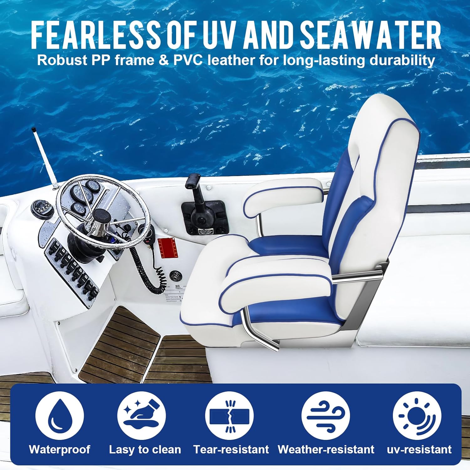 Boat Seat, Premium Captain's Fishing Chair, High Back with Armrests Seat Waterproof and Sunproof (White + Blue)