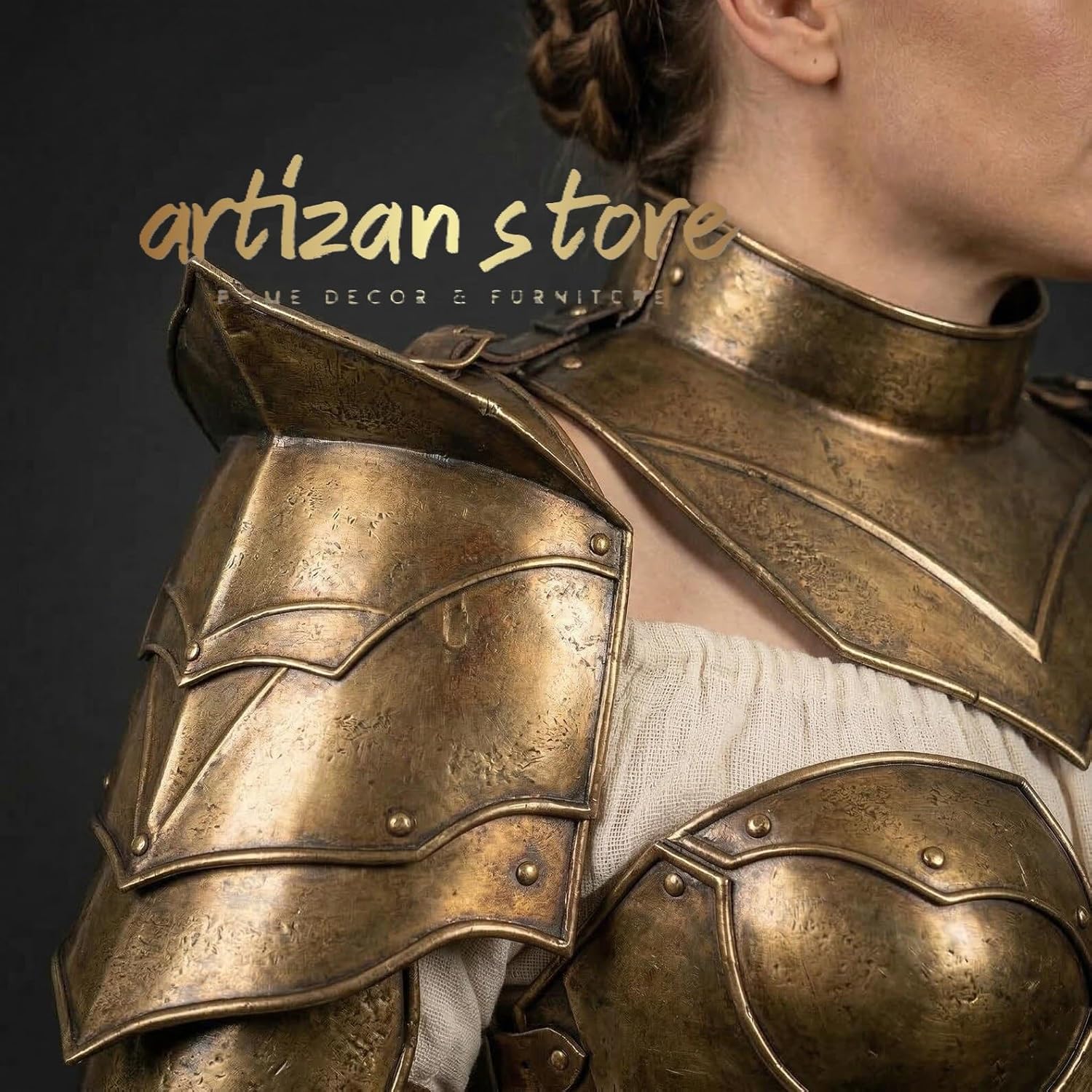 ARTIZANSTORE Handcrafted Female Warrior Armor Set – Medieval Fantasy Lady Armor with Gorget, Pauldrons, Cuirass, Tassets, Bracers & Greaves | Custom Size Cosplay LARP Costume