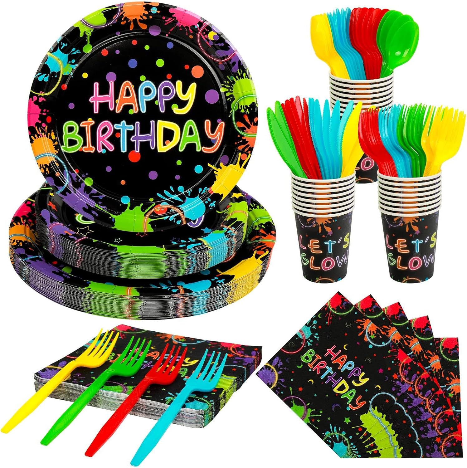 168 Pcs Serves 24 Guests Happy Birthday Party Plates and Napkins Glow Neon Birthday Tableware Set - Cups, Knives, Forks, Spoons