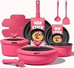 CAROTE 15pcs Cookware Set Nonstick with Detachable Handles, rose red