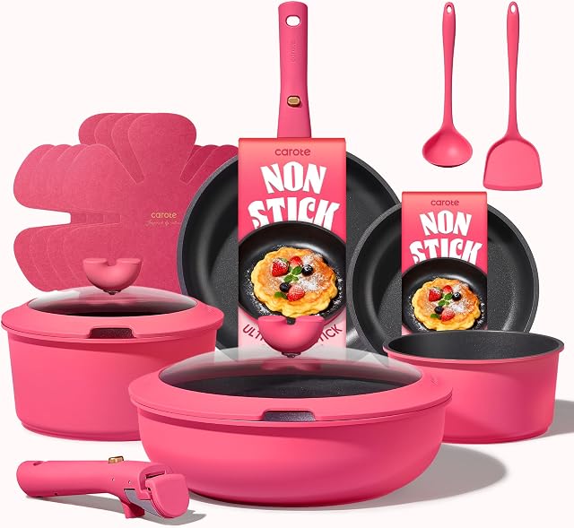 CAROTE 15pcs Cookware Set Nonstick with Detachable Handles, rose red