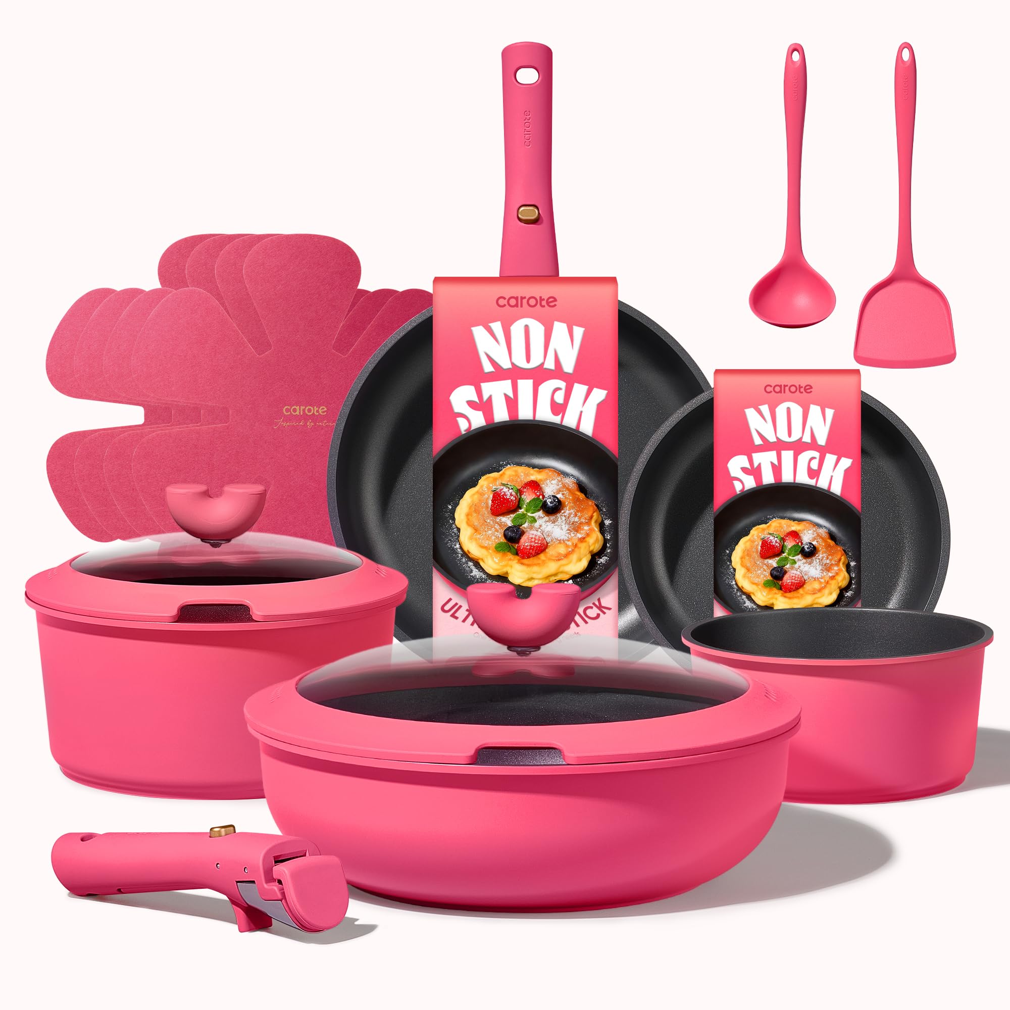CAROTE 15-Piece Cookware Set in Dark Pink