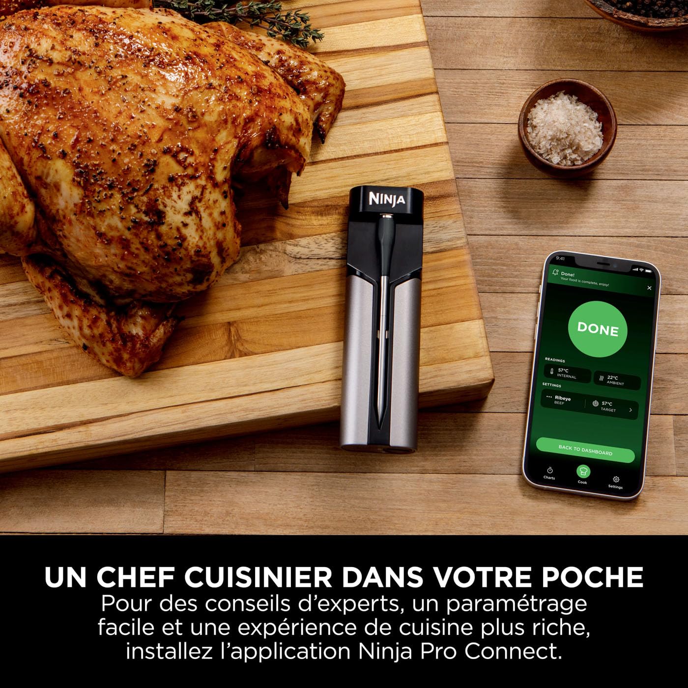 Ninja ProChef Sonde thermomètre à viande sans fil intérieur/extérieur, grillades et fritures sans huile avec portée Bluetooth de 50 m, autonomie 30 heures, connectée à l'app et étanche WP100EU