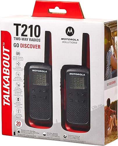 Vista 13 de Motorola Solutions, FRS portátil, T270, Talkabout, radios bidireccionales, recargable, 22 canales, 25 millas, negro con azul, paquete de 2
