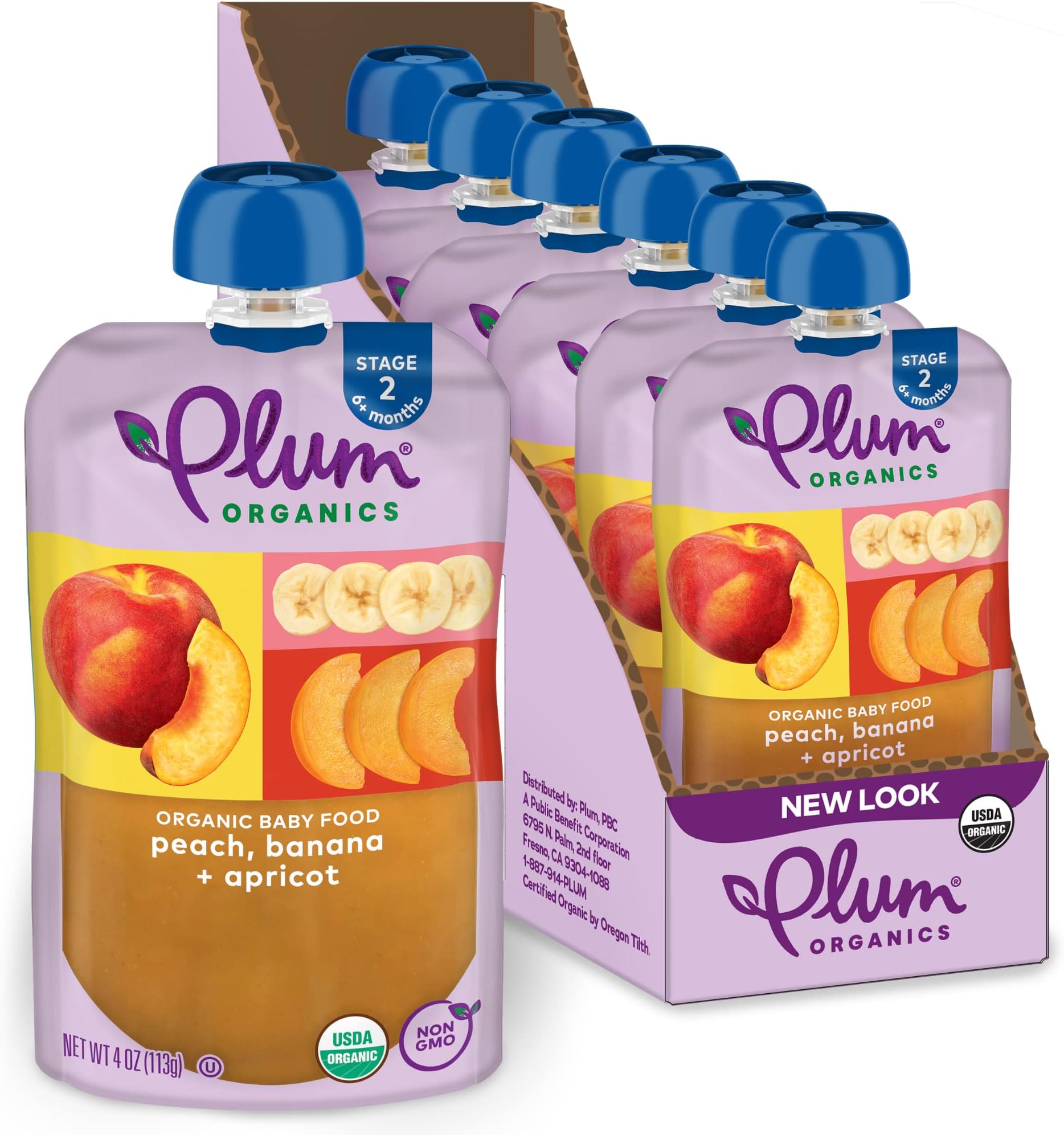 Plum Organics Stage 2 Organic Baby Food - Peach, Banana, and Apricot - 4 oz Pouch (Pack of 6) - Organic Fruit and Vegetable Baby Food Pouch