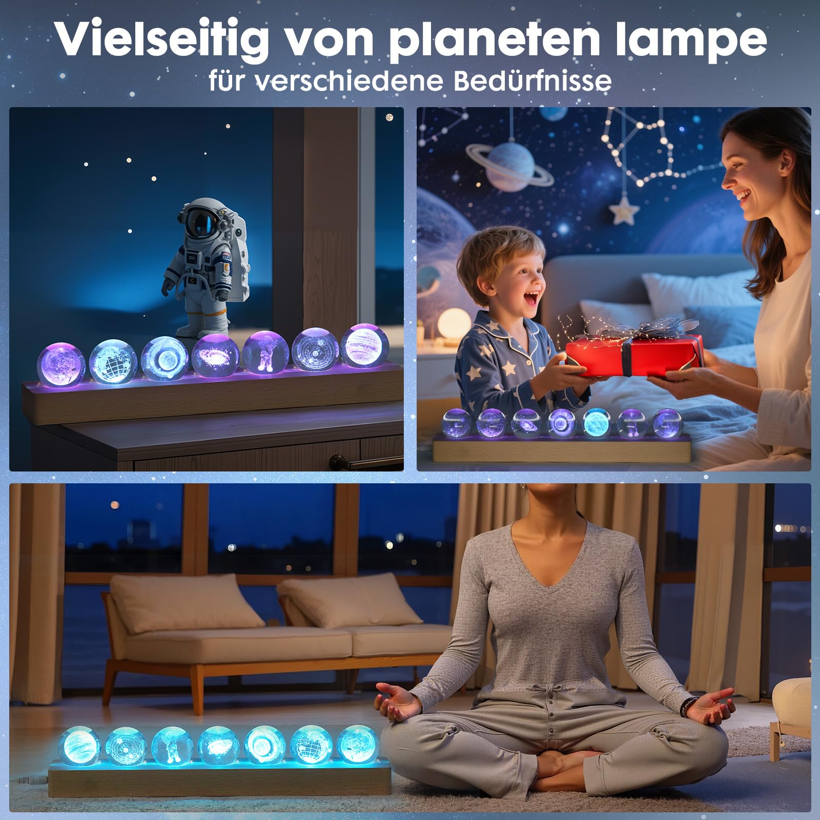 OXYEFEI Lámpara de planeta 3D, 7 patrones diferentes de bola de cristal, luz nocturna para decoración de habitaciones, bola de cristal de 40 mm con base de madera, regalo astronómico para madre, niños