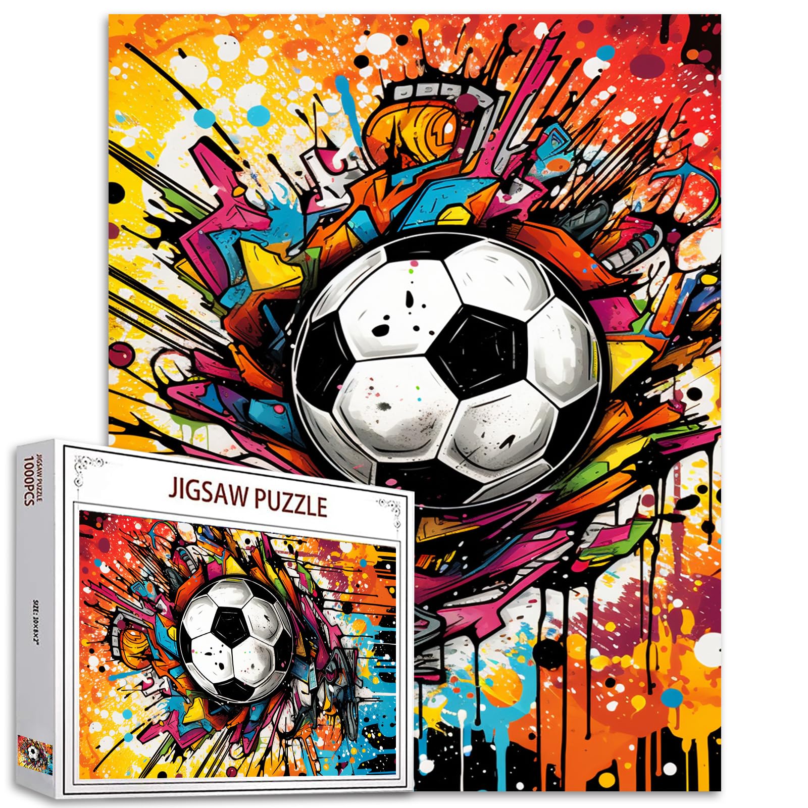 Soccer 1000 Piece Jigsaw Puzzles for Adults Graffitic Football Painting Jigsaw Puzzle Ball Sport 1000 Pieces Puzzles Black White Ball DIY Craft Magic Puzzle Art Bedroom Decor Man Cave Gift(Colorful)
