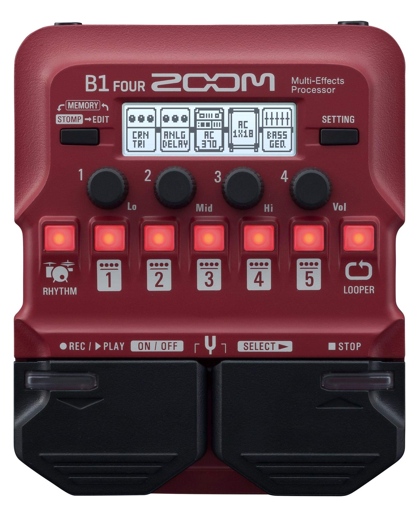 ZOOM B1 FOUR Compact bass multi-effects pedal with looper, drum machine, 70 effects & tuner for live & recording, stage & studio, red