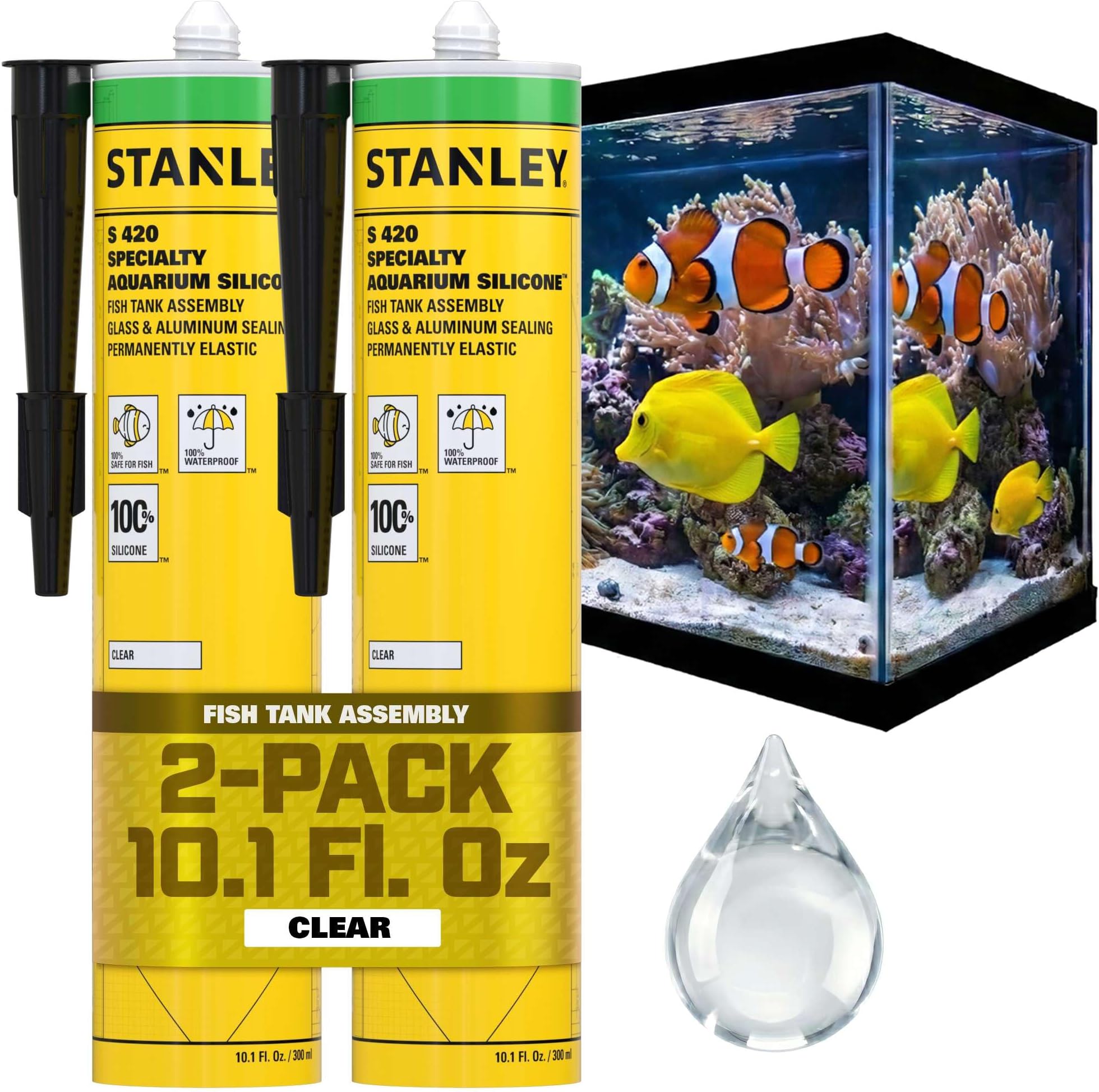 Stanley Waterproof Aquarium Silicone - 2x10.1 Fl. Oz. Clear, Waterproof Bond to Glass, Non-Toxic Aquarium Sealer for Freshwater & Saltwater Aquarium | 2 Pack.
