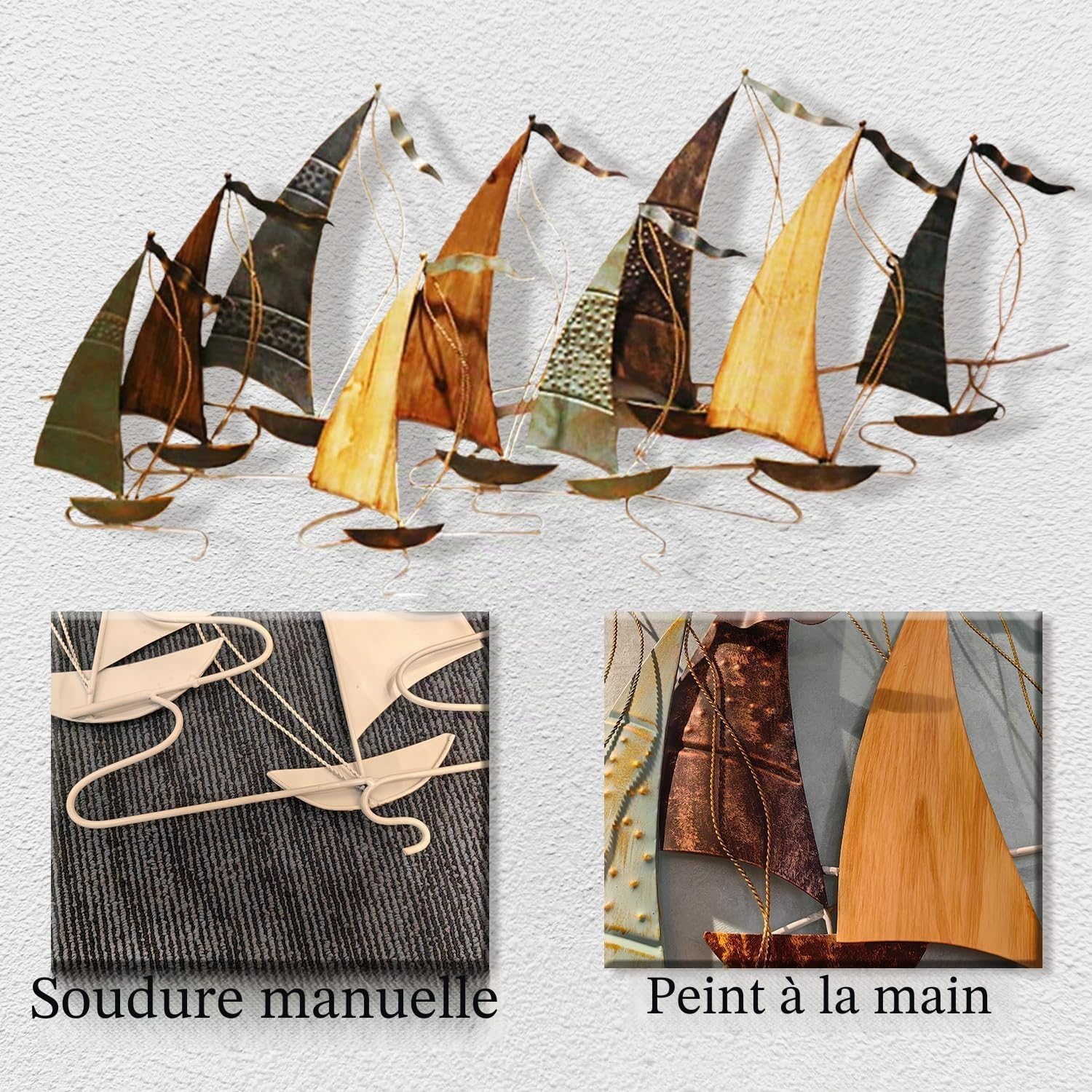 Décoration Murale en métal représentant Un voilier, 130 x 66 cm, décoration Murale de Style Nautique côtier, Sculptures murales 3D en Fer, pour Salon et Chambre à Coucher.
