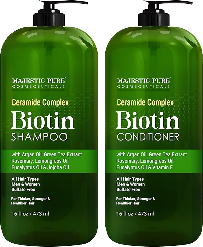 MAJESTIC PURE Biotin Shampoo and Conditioner Set - With Essential Oils & Ceramides - Helps Hair Growth, Thickening, Dry & Colored Hair - Sulfate Free - For All Hair Types - Men & Women - 16 fl oz each | Complete daily hair care routine to cleanse, condition and leave hair feeling soft and manageable.