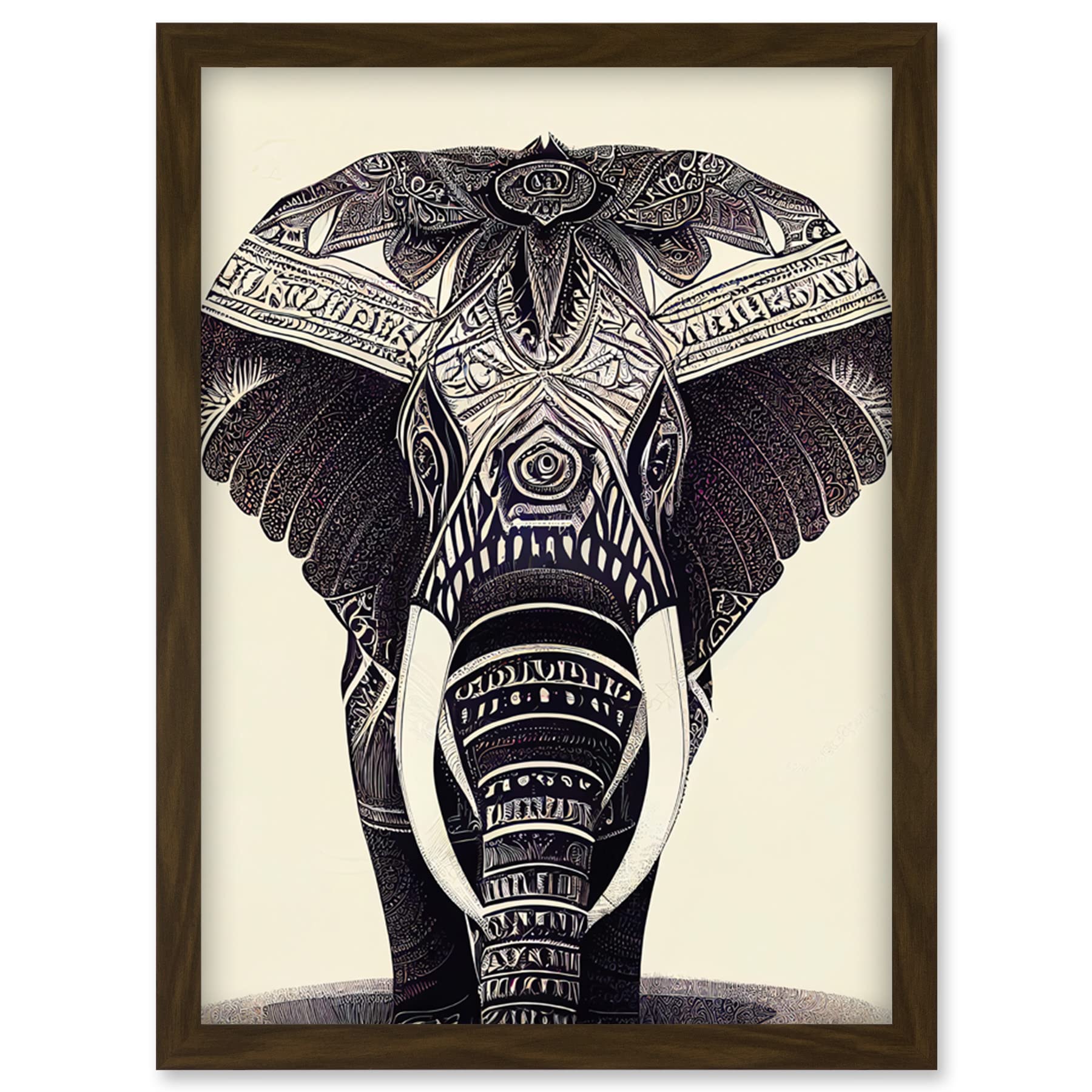 Doppelganger33 LTD Illustration Of Elephant With Tribal Patterns Black And White Artwork Framed Wall Art Print A4