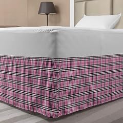 Lunarable Plaid Elastic Bed Skirt Feminine Pink Tartan English Women Fashion Celtic Checkered Striped Classical Wrap Around Fabric