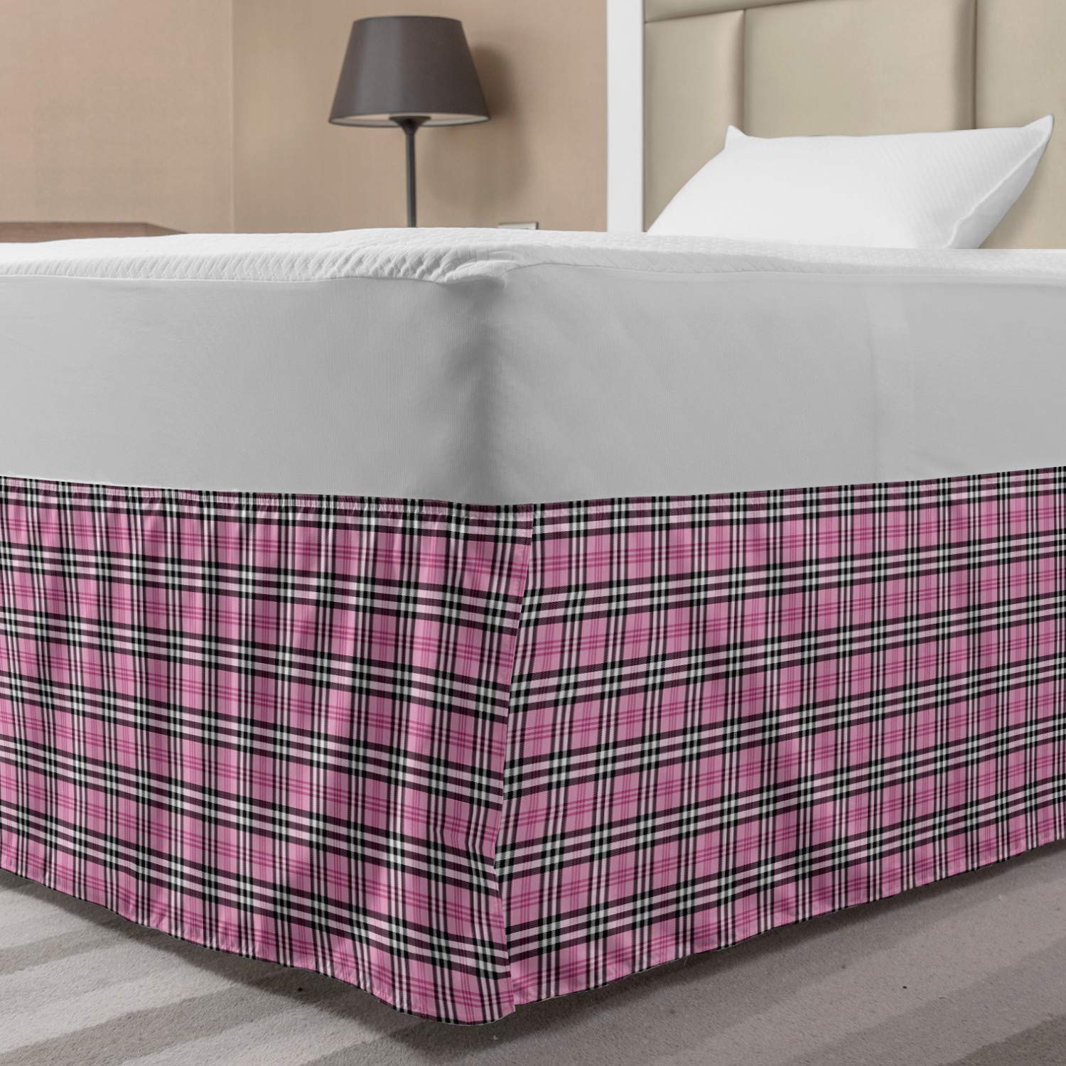 Lunarable Plaid Elastic Bed Skirt Feminine Pink Tartan English Women Fashion Celtic Checkered Striped Classical Wrap Around Fabric