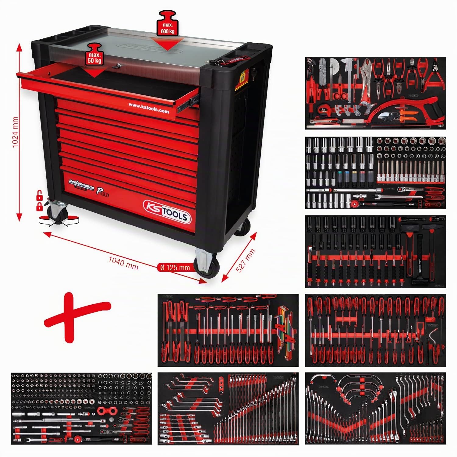 KS Tools 825.8564 Chariot d'atelier PERFORMANCEplus P25 avec 8 tiroirs, équipé de 564 Outils dans 8 Compartiments pour 8 tiroirs