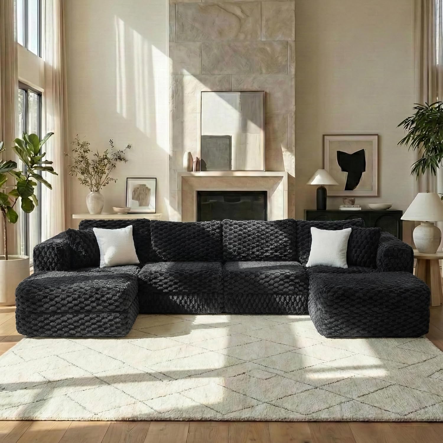 P PURLOVE Modular Sectional Sofa Boneless Sofa Couch with Two Movable Ottomans for Living Room (Black)