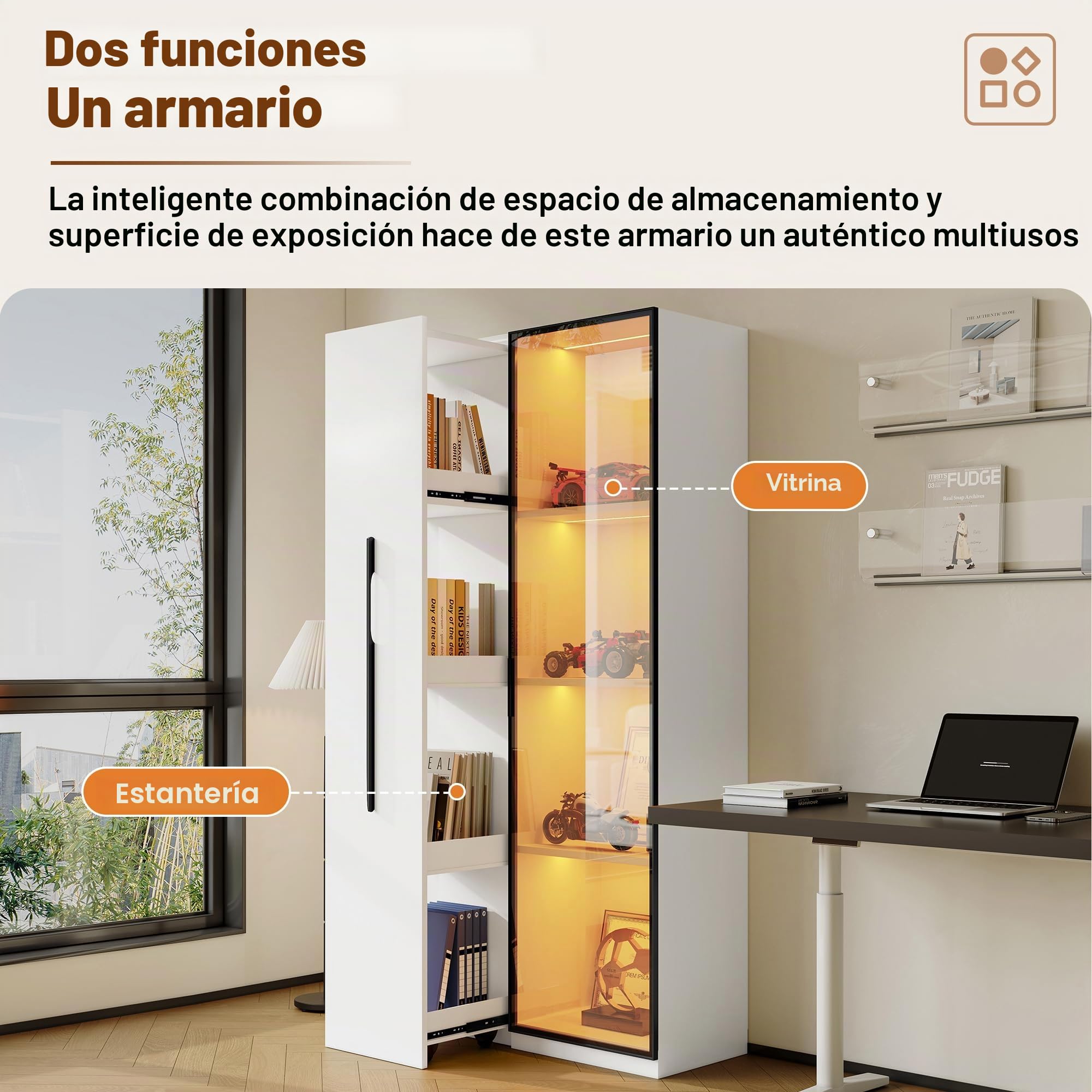 Soweiz Estantería y vitrina multifunción de 160 cm de alto con puertas de cristal templado, marco de puerta de aluminio, 1 puerta, 1 cajón lateral, con ruedas e iluminación LED