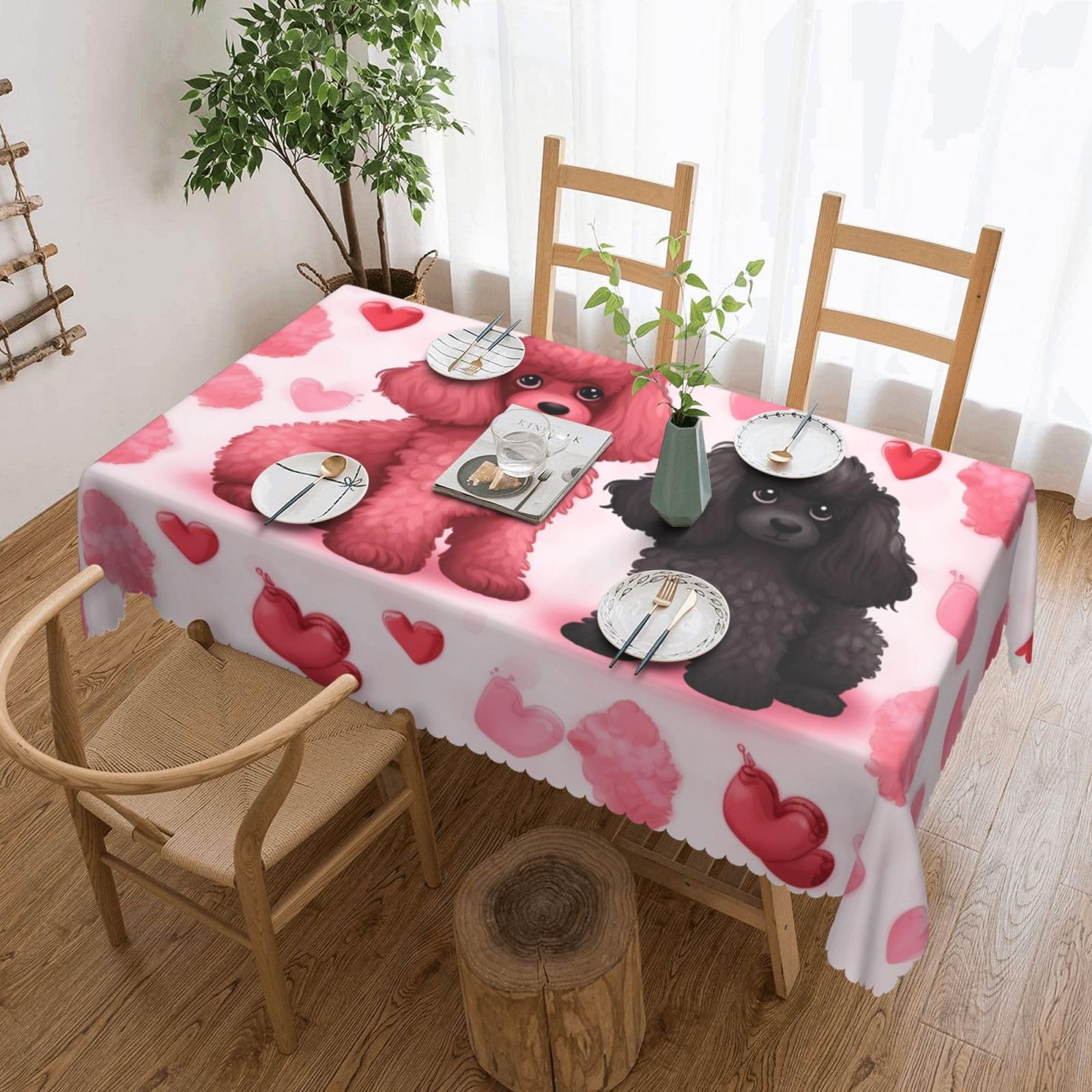 Nappe rectangulaire caniches roses 137x183 cm imperméable et lavable pour table de jardin et salon