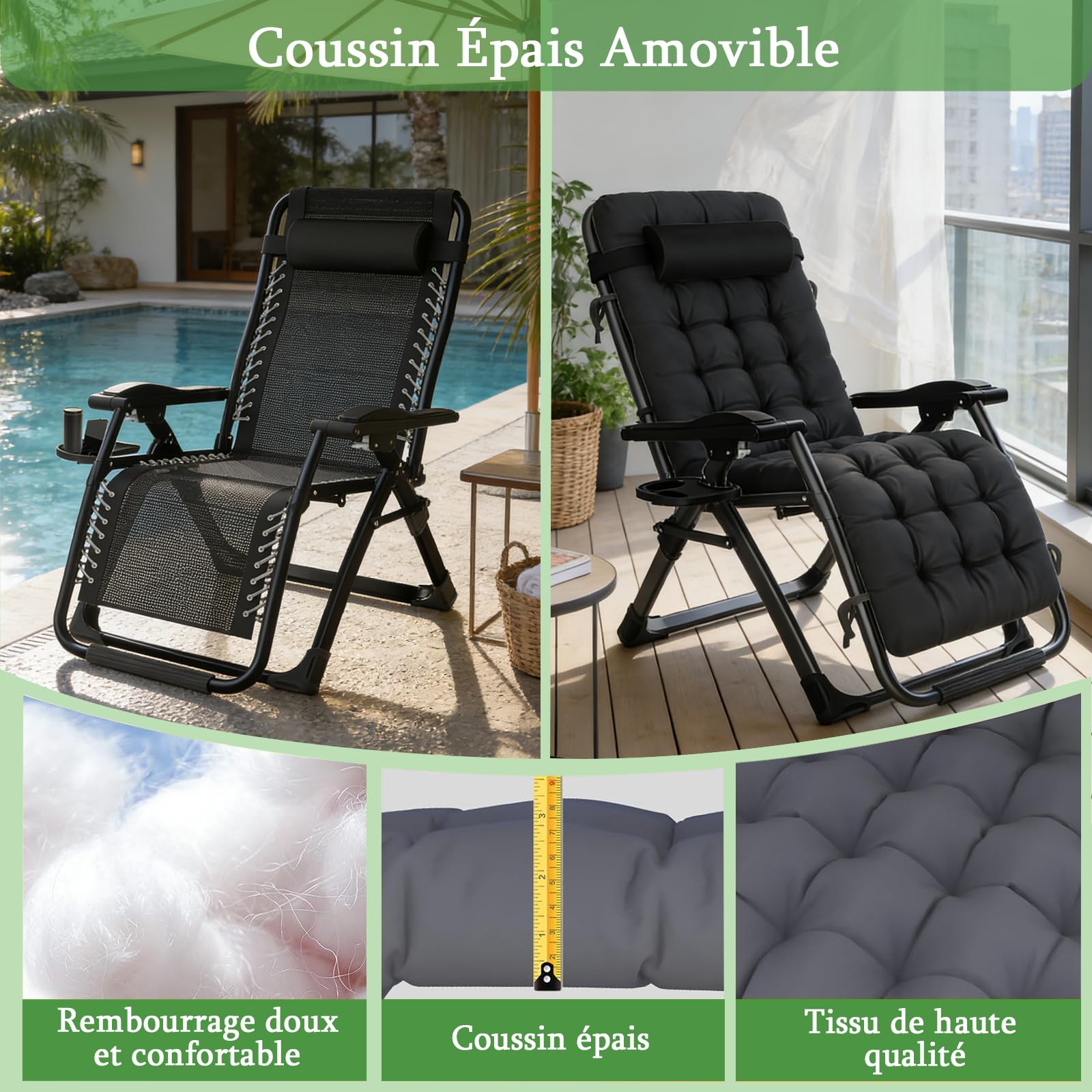 Chaise Longue Pliante 72cm Fauteuil Relax Jardin Exterieur avec Coussin et Housse de Protection, Transat Jardin Exterieur pour Balcon, Plage, Terrasse, Charge 200 KG