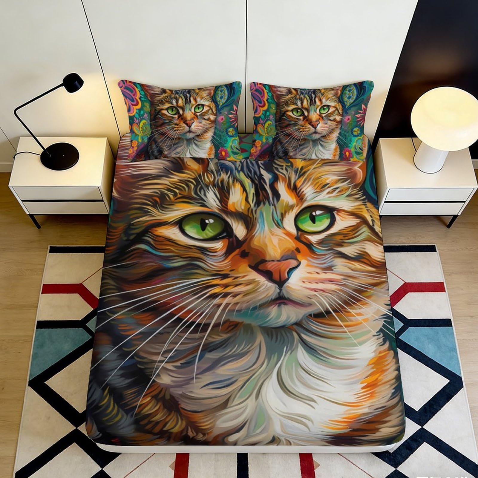 3D Printed Colorful Cat Face Fitted Sheet Microfiber Soft Durable Tabby Cat Mattress Cover for Bedroom Dormitory Guest Room Protection and Decoration 200x200x25cm