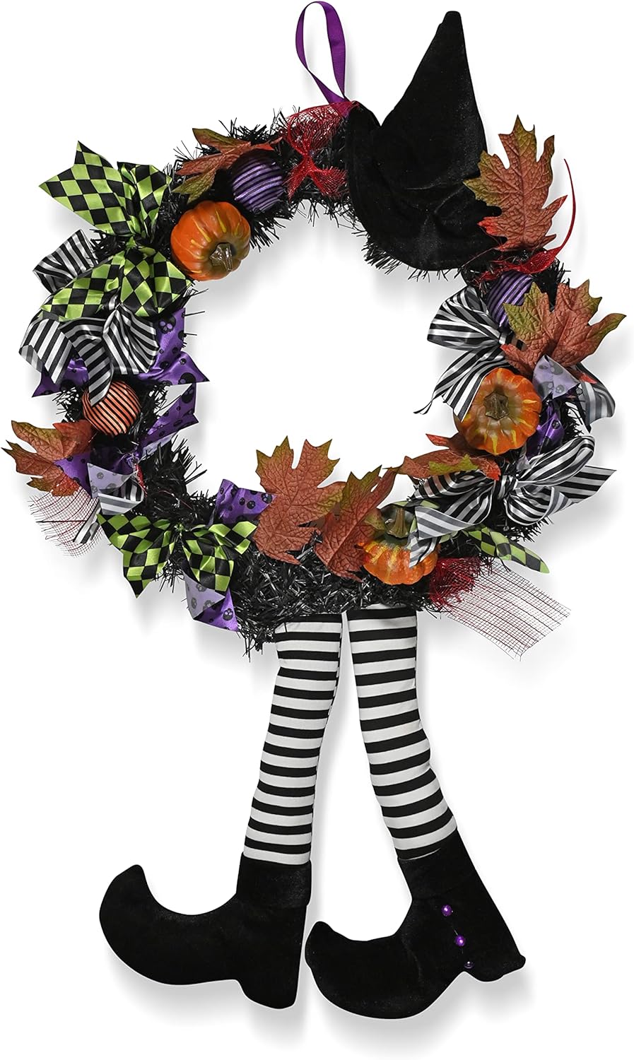 Skeleteen Happy Halloween Witch Wreath - Large 42" Front Door Hanging Witchy Decorations with Pumpkins, Maple Leaves, Witch Hat and Witch Legs Wreath