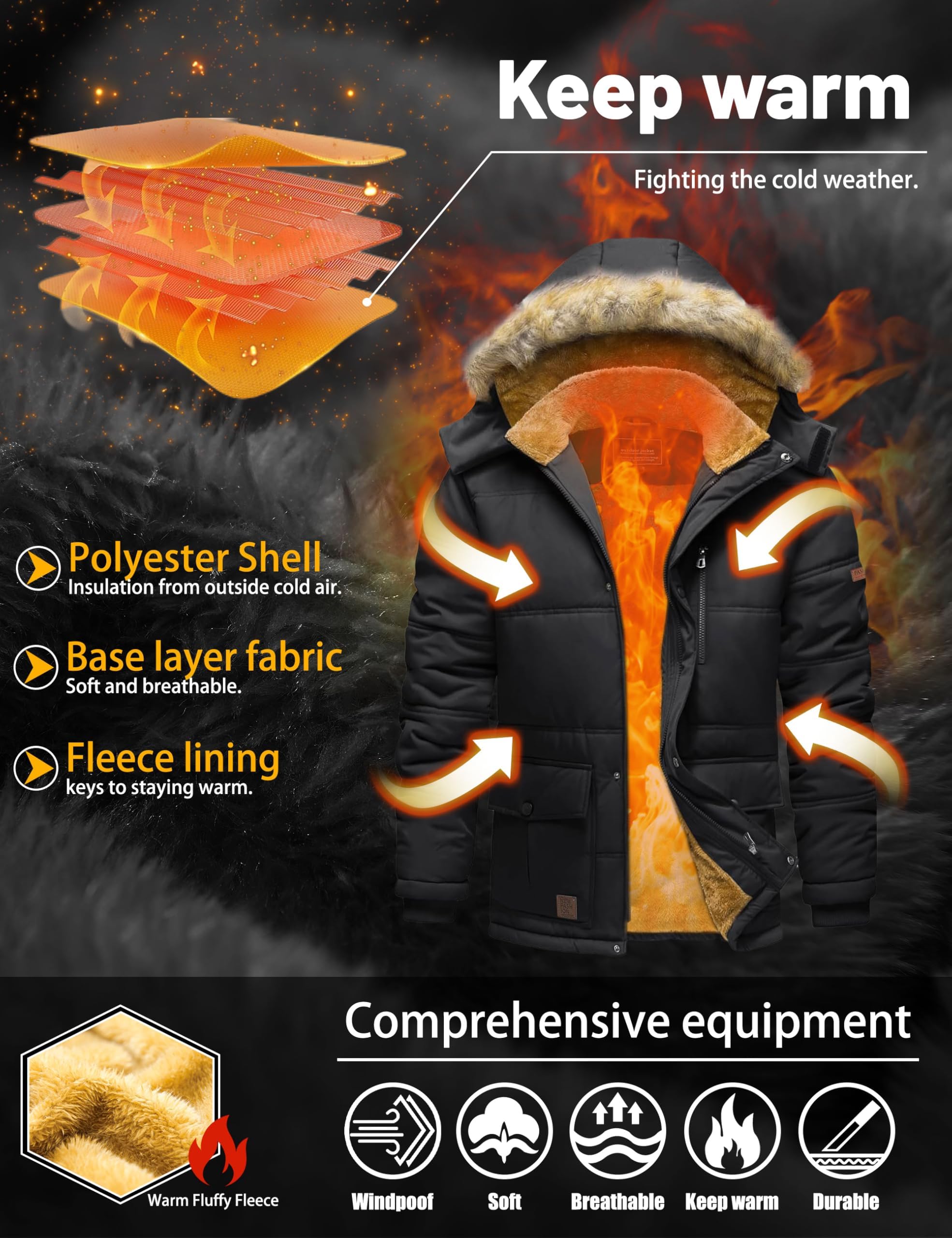 TACVASEN Herren Winterjacke Wasserabweisende Winddicht Jacke Gefüttert Warme Steppjacke mit Abnehmbarer Kapuze