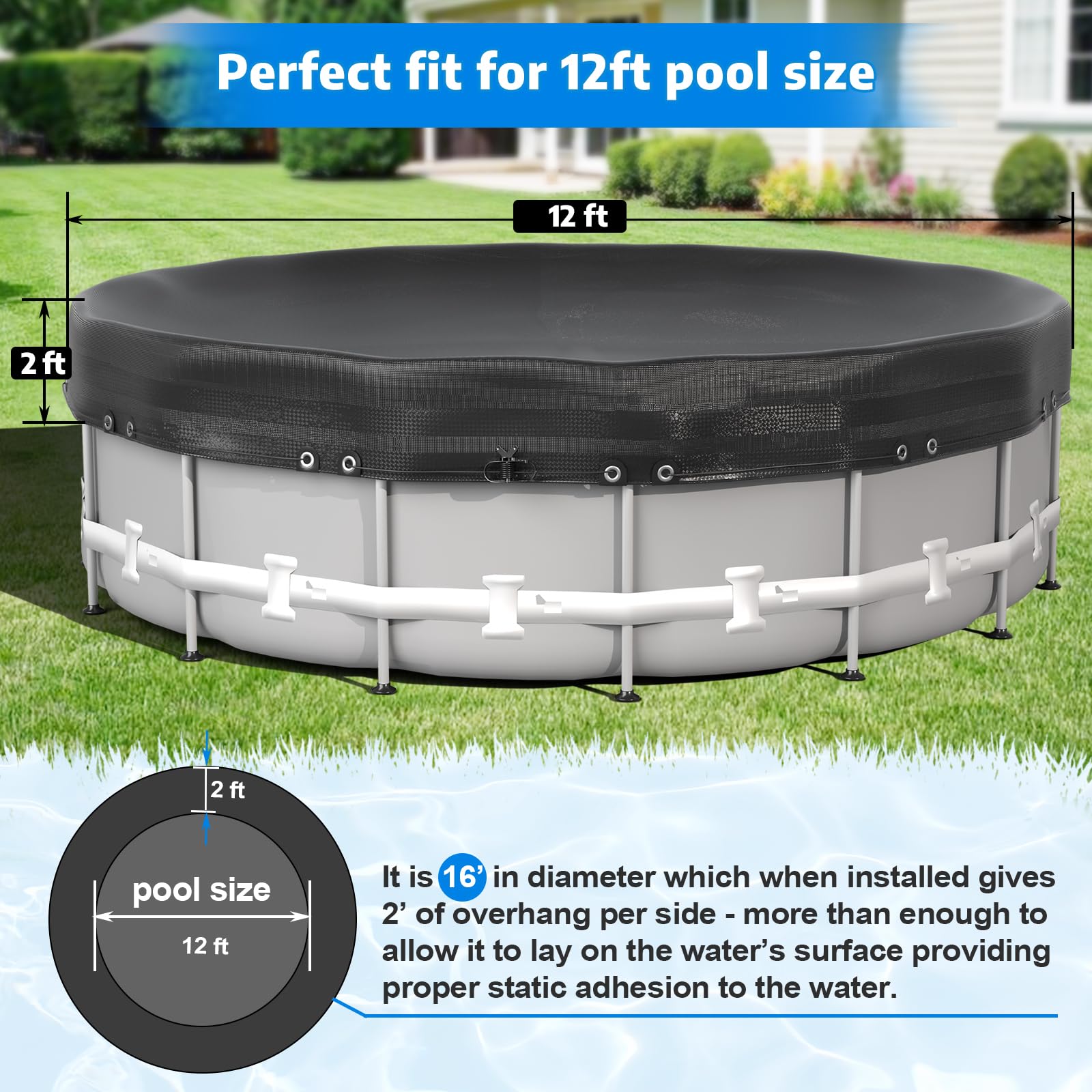 Bâche d'hiver plus épaisse pour piscine hors sol, 3,7 m ronde | polyéthylène haute densité renforcé de 238 g/m² avec coutures soudées à la chaleur, double revêtement pour protection UV UPF 50+