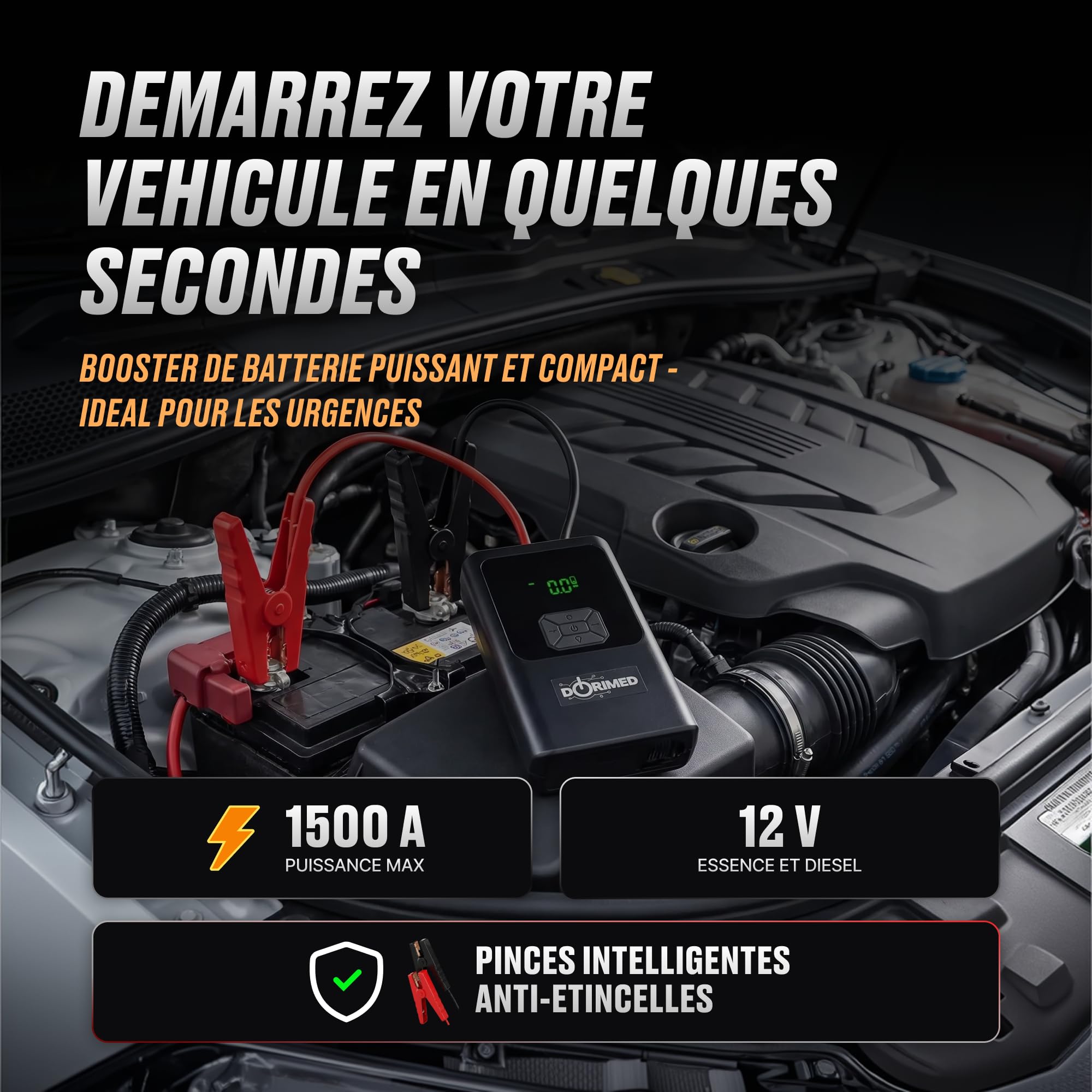 Booster Batterie Voiture Multifonctions I Démarreur de Batterie 12V Essence & Diesel I Compresseur d'air Gonfleur Pneus I Chargeur USB Rapide I Éclairage LED & SOS I Écran LCD I Démarreur de Secours
