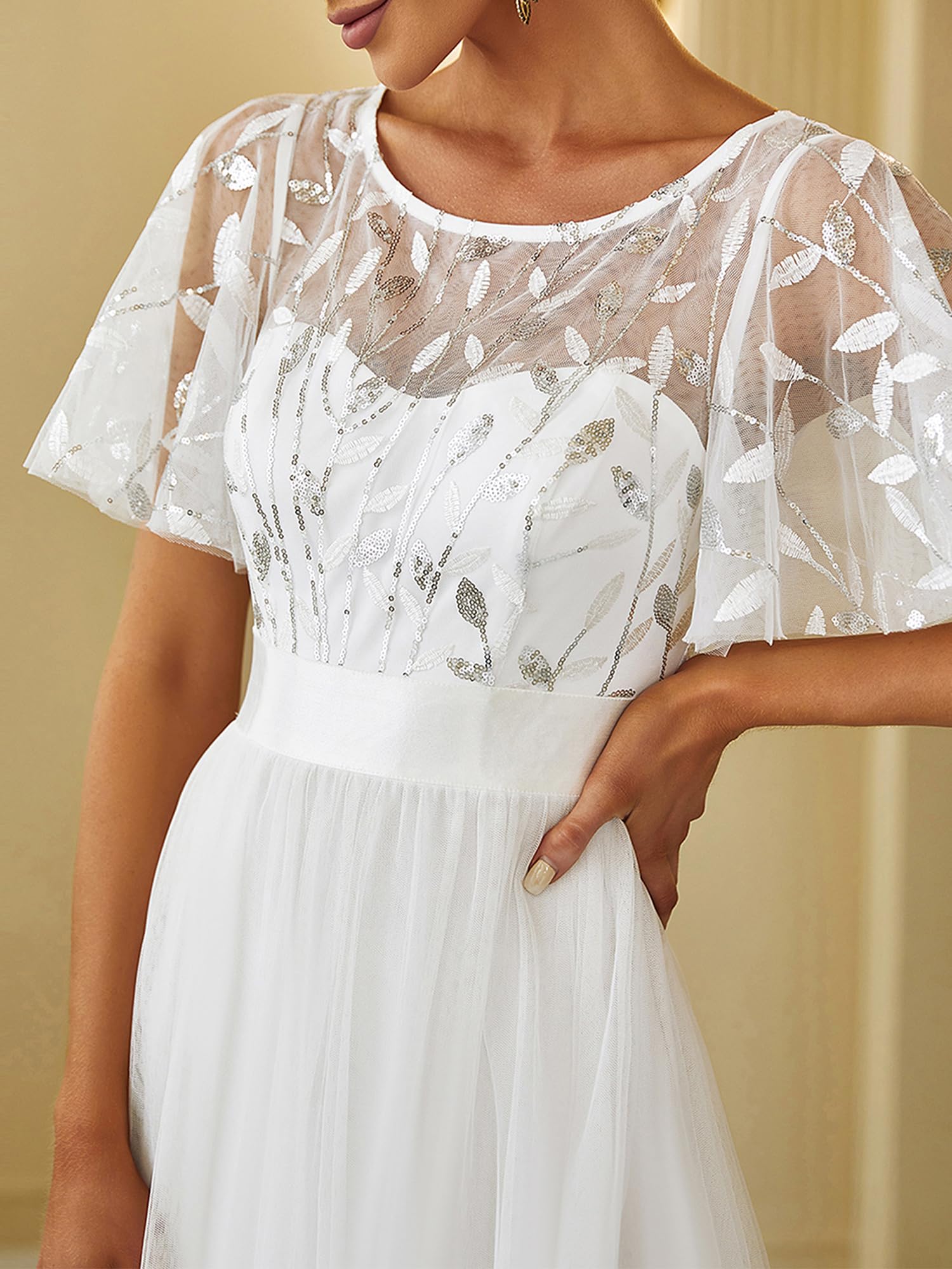 Ever-Pretty Abiti da Cerimonia Stile Impero Maniche Corte Linea ad A Elegante Scollo a Rotondo Donna Tulle 00904