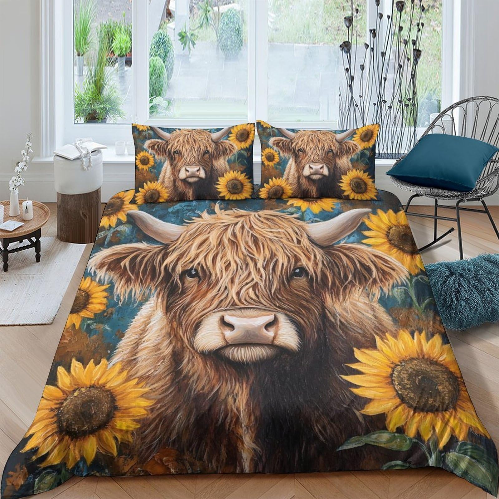 Ctjqhvkz Style-9 3D Printed Highland Cow Sunflower Fitted Sheet Microfiber Soft Anti-Slip Bed Cover For Bedroom Guest Room Decor Single（135X200cm）