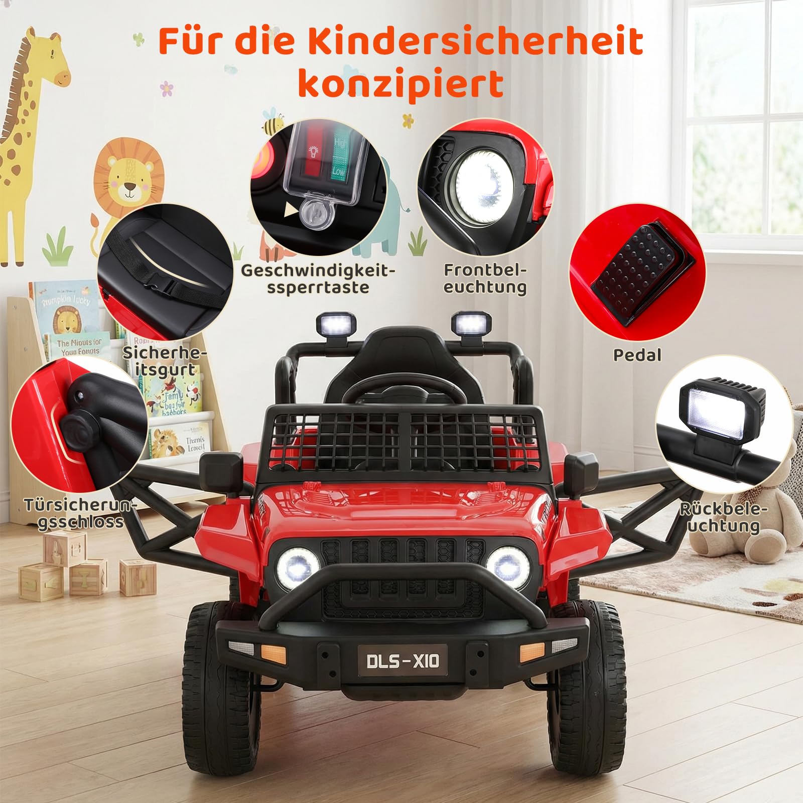 MAMIZO Kinder Elektroauto 12V 7Ah, Kinder Elektrofahrzeug, Elektrische Kinderauto mit 2 Motoren 12V, Fernbedienung, Geschwindigkeitsstufen, LED und Sicherheitsgurt, Musik, für 3-8 Jahren, 30KG, Rot