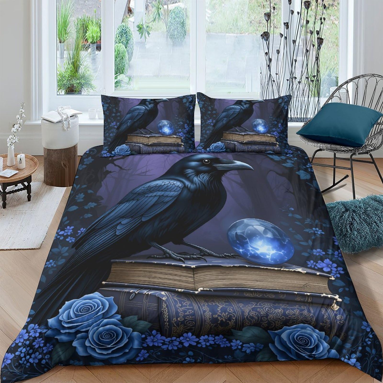 Ctjqhvkz Style-7 3D Printed Raven Book Fitted Sheet Microfiber Black Blue Gothic Moon Mattress Cover Bedroom Decor Single（135X200cm）
