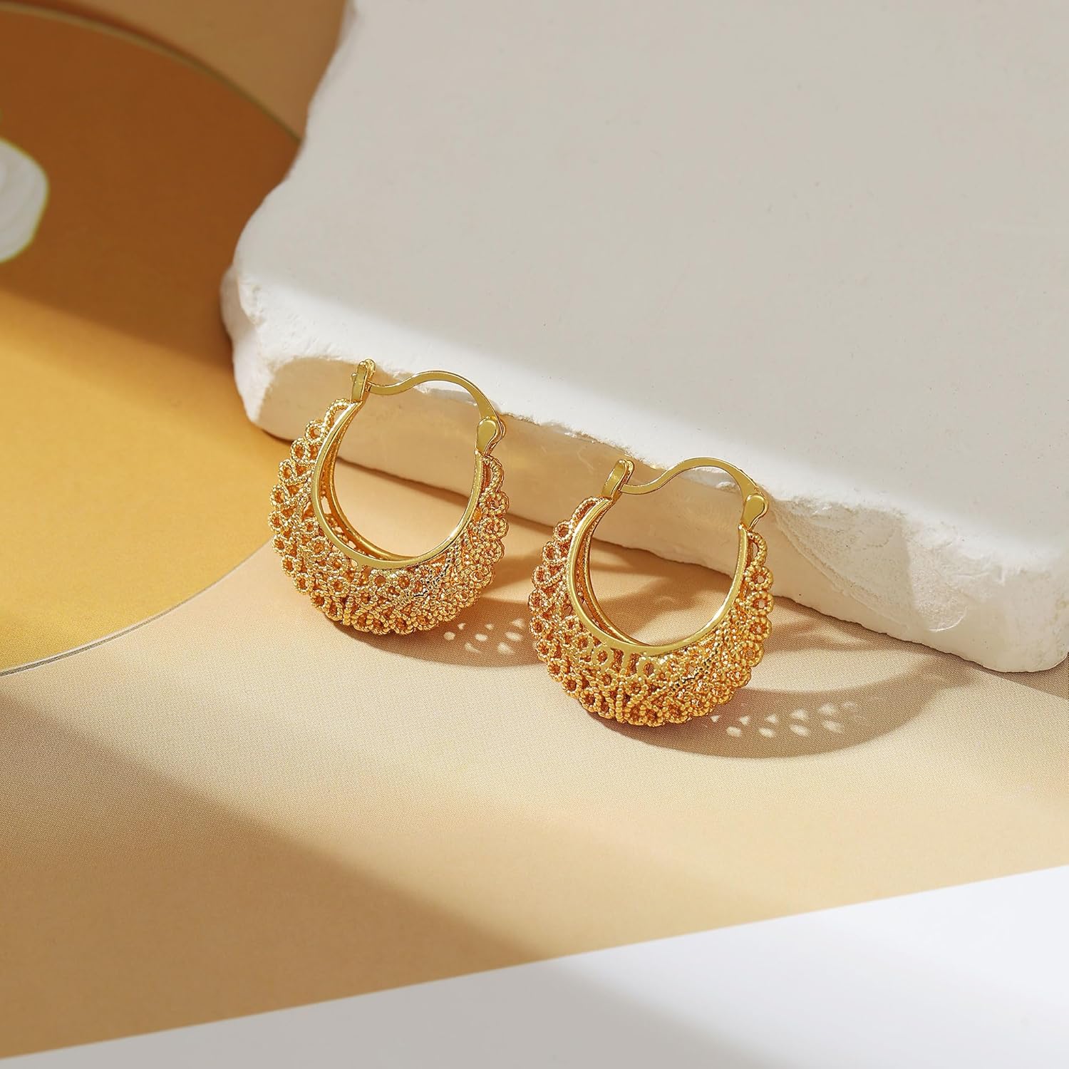 Filigree Gold Hoop Earrings Vintage Small Earrings for Women - Image 5