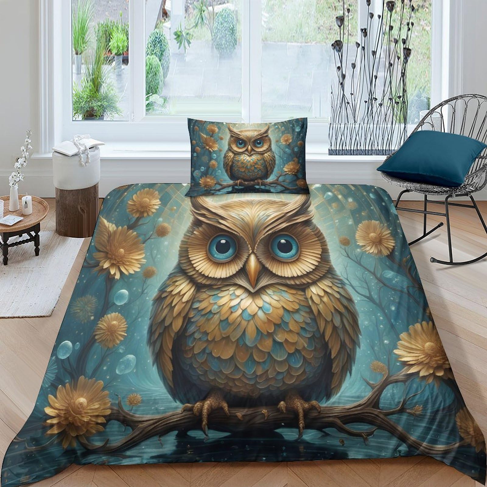 Housse de couette hibou 3D imprimé 135x200cm en microfibre douce avec taies d'oreiller