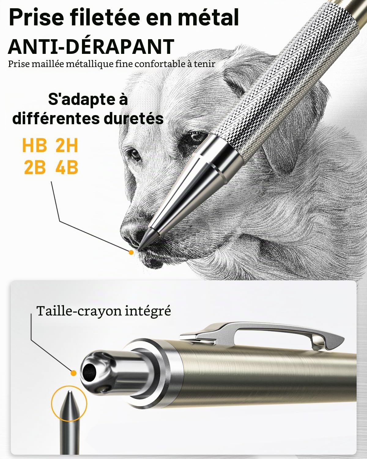 Nicpro 6 Pièces Métal Porte-Mines 0.3, 0.5, 0.7, 0.9, 2mm (4B 2B HB 2H), Art Crayon Mécanique Criterium avec Recharges, Gommes, Taille Crayon, Porte Mine pour Dessin Esquisse illustration Architecture