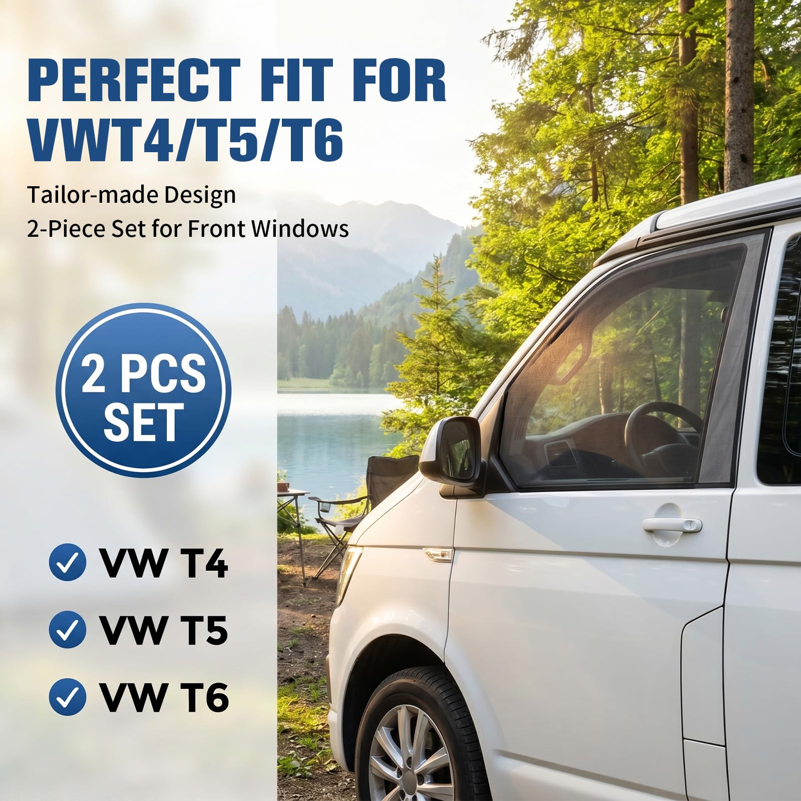 Magnetyczna moskitiera do okien bocznych VW T4, T5, T6, zestaw 2 sztuk, ochrona przed owadami do przedniej szyby samochodu, mocowana magnetycznie, z regulowanym klipsem i pasami mocującymi