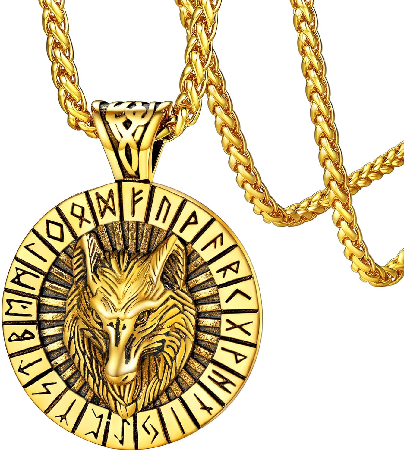 FaithHeart Norse Viking Wolf Pendant Necklace for Men/Women, Stainless Steel/18K Gold Plated Nordic Vikings Stuff Jewelry with Gift Packaging