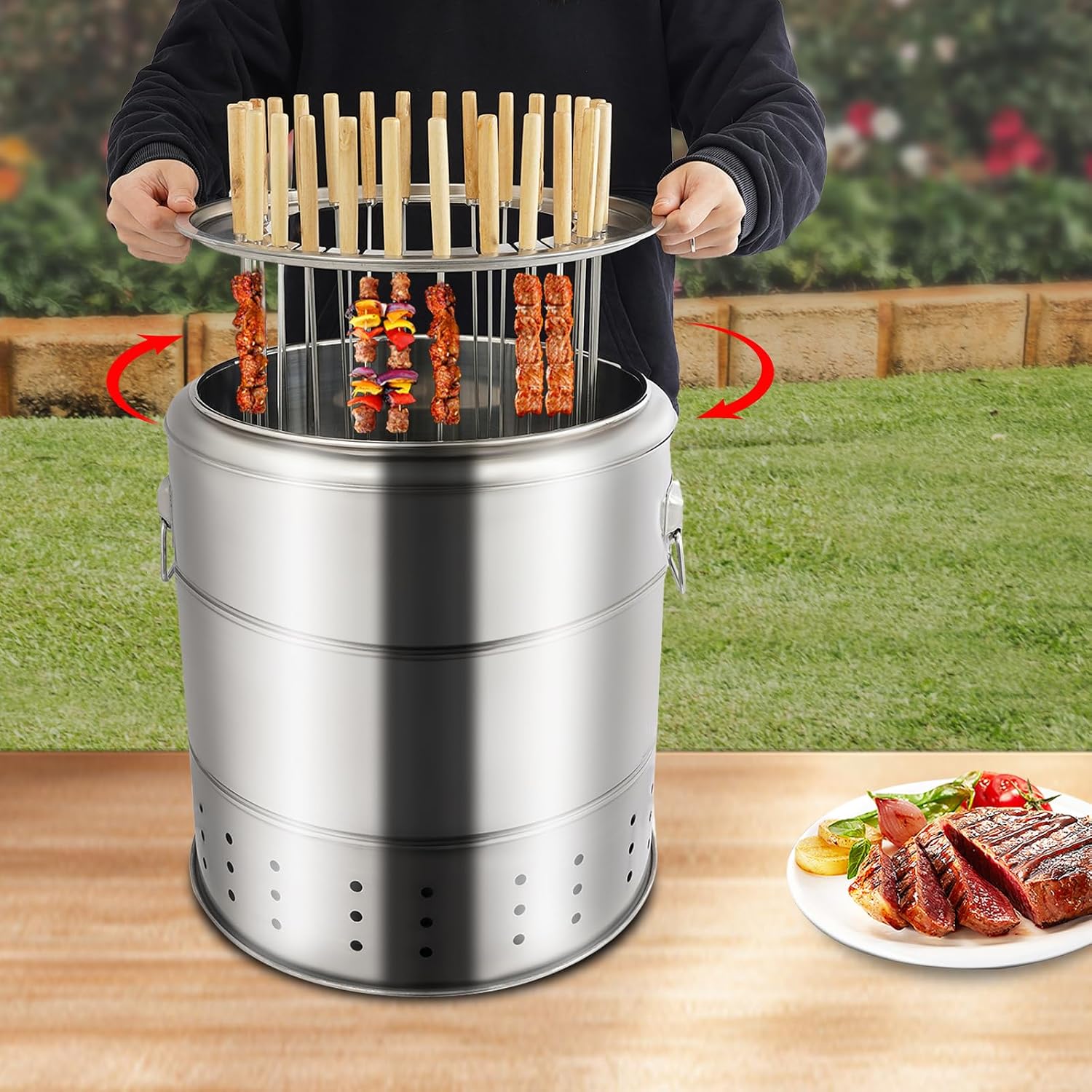 Portable Barbecue Charcoal Barrel Grill, BBQ Charcoal Grill, Charcoal Grill with Grilling Accessories Set, 28 Skewers Capacity, for Travel Camping Grill Picnic Patio Backyard, Diameter 15.4in