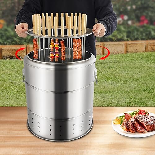 Barbacoa portátil de carbón para barbacoa, parrilla de carbón envolvente sin humo de acero inoxidable con 28 pinchos, para picnic, camping, viajes,