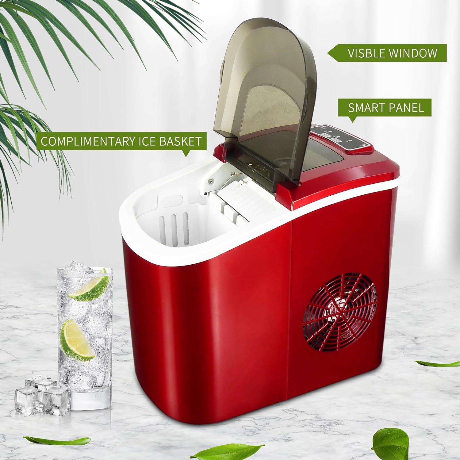 Portable Ice Maker, 12V 24V, for Off-Grid System, Charge by Battery, 15KG/24H, Solar Charge DC ice Maker for Party/RV/Camping (Red)