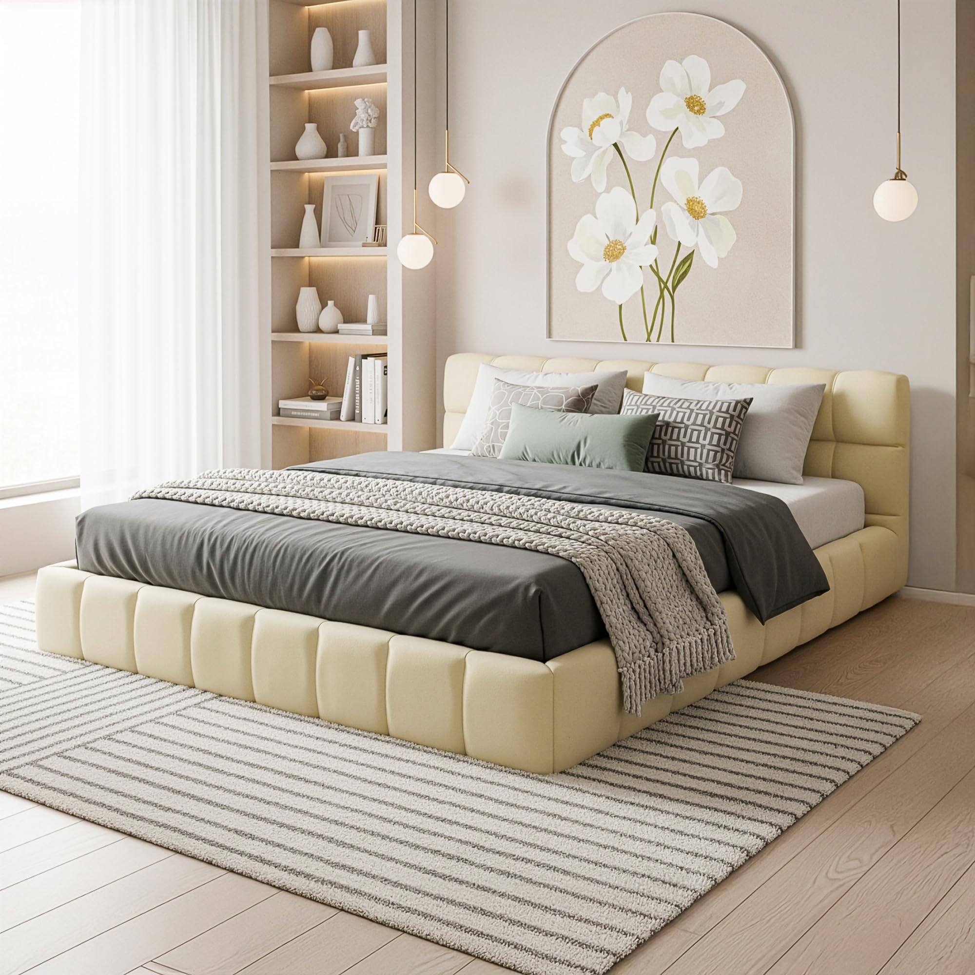 Merax Upholstered Platform Bed, Platform Bed with Thick Fabric, Grounded Bed with Solid Frame, No Box Spring Needed, Queen Size, Beige